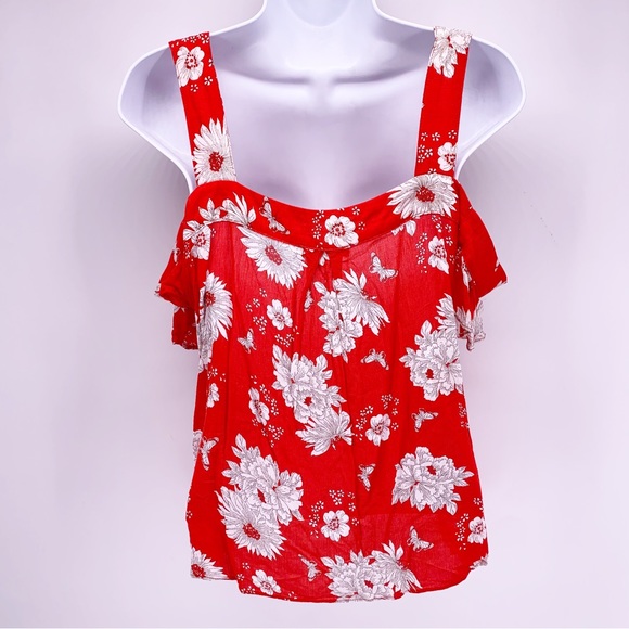 Skies Are Blue Red Floral Cold Shoulder Blouse Size Medium - Picture 5 of 7